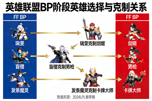 英雄联盟战术分析图表，展示队BP阶段英雄选择与克制关系示意图